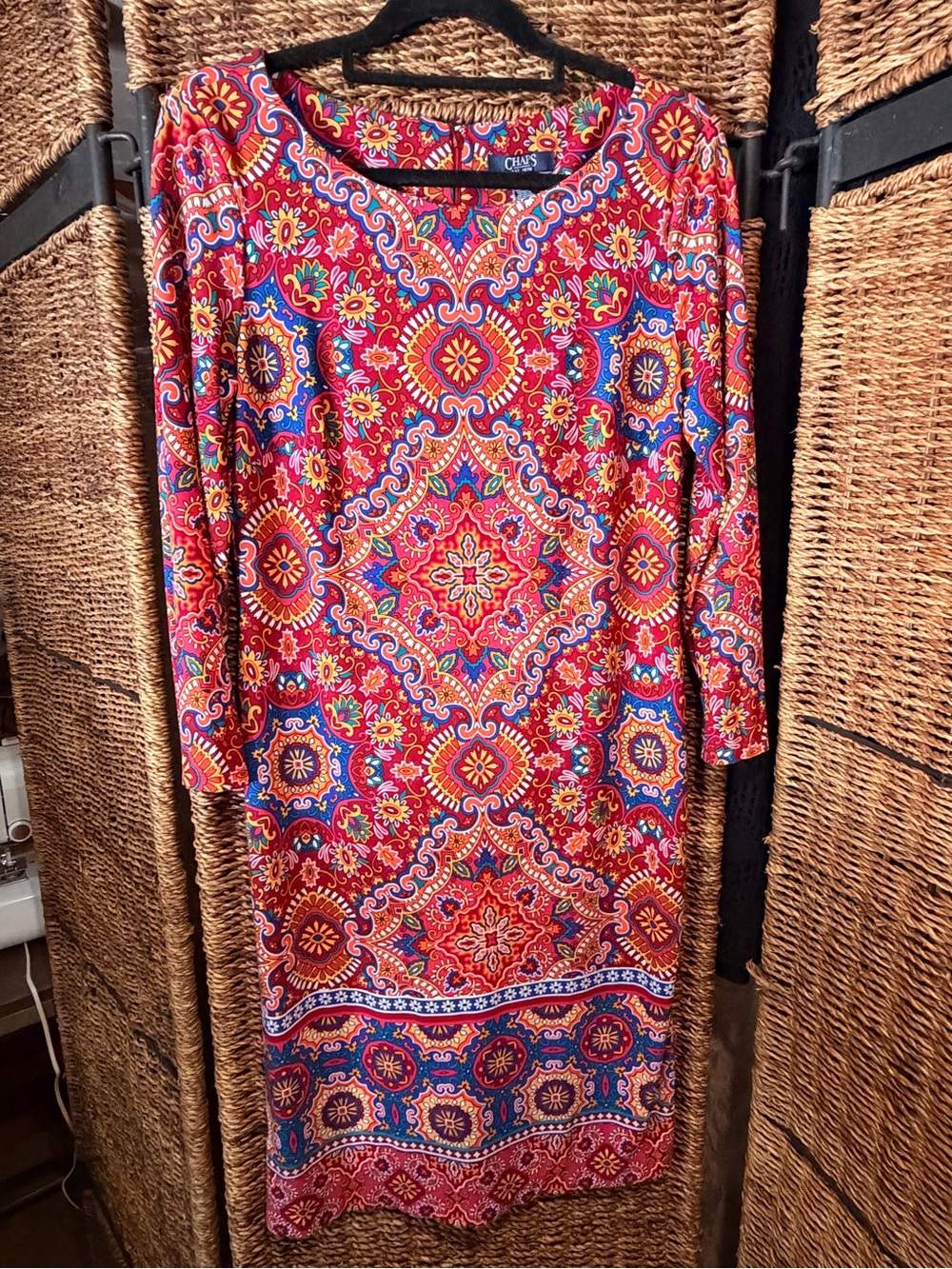 Chaps Red Multi Paisley-Medallion Long Sleeve Dress